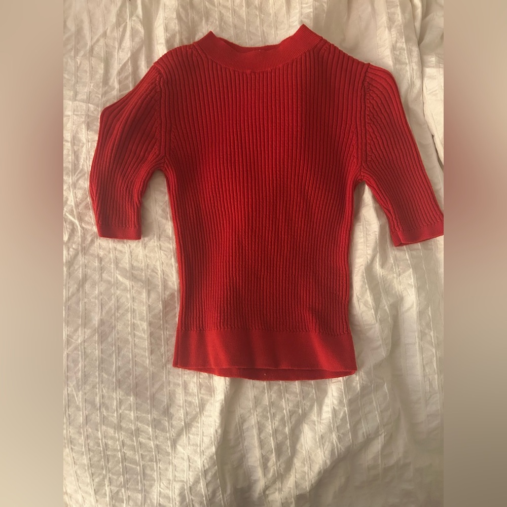 Uniqlo Women’s XS Red Textured Ribbed Wool Blouse Top W/ Three Quarter Sleeves